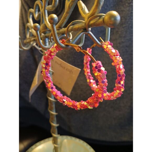 Candy Pink Sequin Hoop Earrings Hoops - Picture 4 of 9